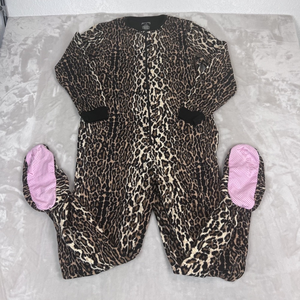 Nick & Nora One Piece Footed Pajamas Womens Small Leopard Print Fleece Sleepwear